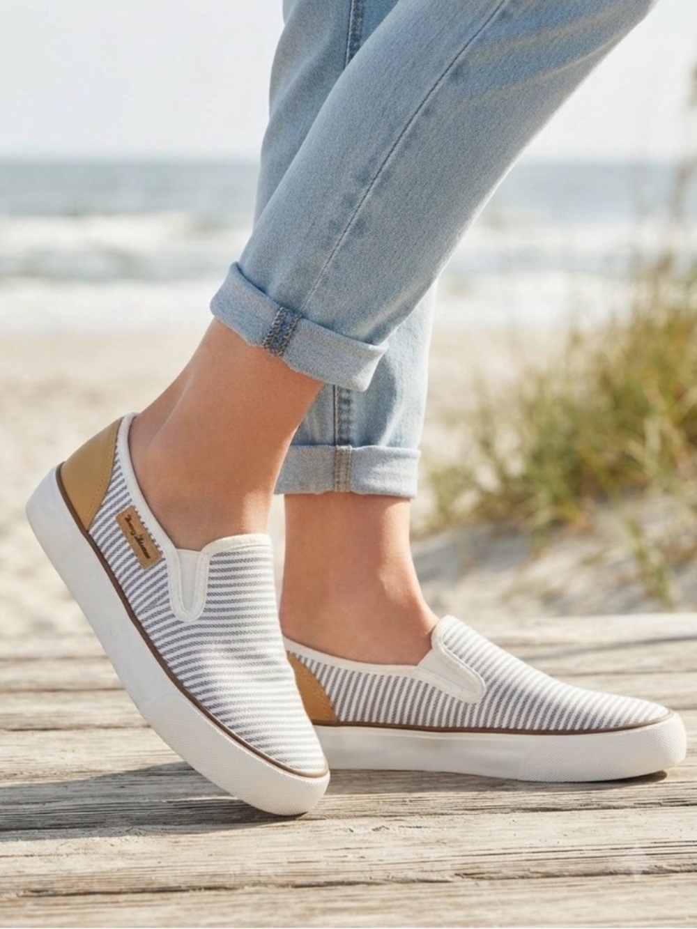 Tommy Bahama Gray and White Striped Slip-On Loafers, Women’s Size 9.5